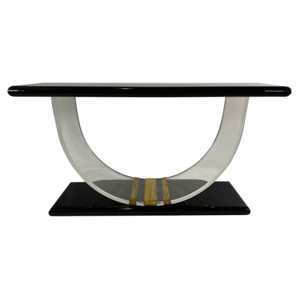 American Modern Black Lacquer, Lucite & Brass Banded Console, Rudolph Collection
