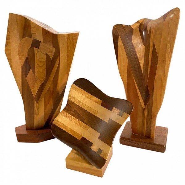 مجموعة من 3 منحوتات خشبية مجردة مختلطة أمريكية حديثة ، Paul LaMontagne
